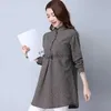 Kvinnor BLOUSES SHIRTS Women Spring and Autumn Fashion New Stand Collar Shirts Solid Color Bow Plaid Splicing Leisure Mortile Mid-Längd Top YQ231214