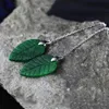 Green Jade örhängen för kvinnor 925 Sterling Silverörhängen Fashion Plant Curning Fine Long Ear Chain Leaf Gemstone Jewelry181H