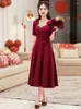 Robes de soirée vin rouge robe mi-longue élégante couleur unie diamant nœud col en v jupe trapèze M380