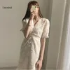 Party Dresses Lanxirui Stylish V-Neck Elegant Waist-Controlled Slimming 2023 Early Spring Plus Slender Ruffles Short-Sleeved Long Dress