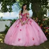 Rosa glänzende mexikanische Quinceanera-Kleider, schulterfrei, Ballkleid, Applikation, Blumen-Prinzessin, langes Sweet-16-Abschlussballkleid für 15 Jahre