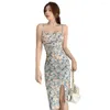 Casual Dresses Slim Fit Chic Floral Pattern Women Party Dress Mid-Calf Längd Lady Sundress Pleated plagg