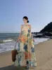 Sukienki swobodne francuska kamizelka czeska Maxi sukienka Kobiety bez rękawów okrągła szyja kwiatowy druk luźny długi impreza plisowana sundress