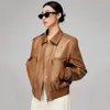 Women's Leather Brown Sheepskin Jacket 2023 Spring Autumn American Style Solid Waxy Medium Ancient Suit Pilot Coat