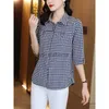 Damesblouses Overhemden Elegante geruite print Losvallende kraag Katoenen overhemd met knopen Damesmode Casual Halve mouw Alle Match Dames Tops Blouses YQ231214