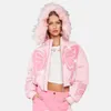 Women's Down Butterfly Printed Rhinestone Parka Winter Coat Pink Casual Fur Hooded Streetwear Crop Quilted Jacket Women Bomber Cute Cloth