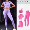 Lu Lu Align 1/2/4 STKS Naadloze Dames Yoga Set Korte Mouw Crop Top Shirt Beha Squat Proof Legging Sport Workout Fitnesskleding Pakken Citroenen LL Oefening