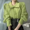 Женские свитера, осенний корейский стиль, милый свитер с длинными рукавами для девочек, свободный пуловер с воротником-поло, ажурный трикотаж