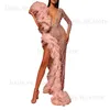 الحضري مثير فساتين المساء الفساتين الحزب النساء أناقة مثير ضد الرقبة الكشكشة المرقع عالي الشق الطويل Maxi فساتين Prom Wedding Pink Dress T231214