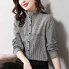 Damesblouses Overhemden Vintage Elegante Chique Ruche Opstaande Kraag Geruite Print Losse Overhemden Koreaanse Mode Tops Met Lange Mouwen Blouses Voor Dames Kleding2023 YQ231214