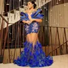 Royal Blue Illusion Aso Ebi Prom Dresses Feather Mermaid Off Shoulder Promdress Evening Gowns Birthday Party Dress Engagement Second Reception Gown ST601