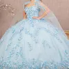 Vestido De baile De lujo azul cielo, Vestidos De quinceañera con cuentas De capa, lentejuelas, Apliques De encaje, Vestidos De flores De 15 Anos, cumpleaños