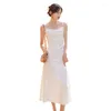 Casual Dresses Summer White Satin Midi Strap Dress Women 2023 Long Elegant Slim Formal Slip for Wedding Guest Bridesmaid Birthday Prom