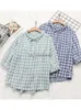 Women's Blouses Shirts Lamtrip Skin-Freindly Soft Cotton Yarn Big Plaid Single Breasted Turn Collar Loose Women Half Sleeve Shirt Blouse 2023 Summer YQ231214