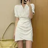 Casual Dresses Woman Wrap Short Street Style Plain Color Dress med fickor Elegant Slå ner krage midi -skjorta