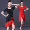 Stage Wear Square Dance Shirt 2 Piece Girl Costume Suit Summer Latin Skirt Fringe Short Sleeve Performance Training Rumba 3D Flower Red