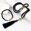 Halskette Ohrringe Set 7 Chakra 108 Japamala Perlen Mattschwarzer Onyx Für Frauen Männer Handgefertigter geknoteter Rosenkranz Schmuck Yoga Meditation Armband