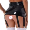 Jupes Femmes Latex Club Costume Wet Look Cuir Verni Porte-Jarretelles Taille Haute Bretelles Avec Six Clips De Boucle En Métal