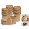 Recipientes desechables para llevar Tazas de sopa Recipientes de papel Kraft Alimentos desechables Ir a tazones Tazas de helado Tapas Compostable Reciclable Dha8O