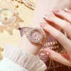 Armbandsur full Crystal Rose Gold Plated Roman Number Big Round Dial Face Women Luxury Quartz Watch