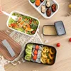 Geschirr Kunststoff Bento Box Einfaches Haushaltsgeschirr mit Staubschutz Holzmaserung Deckel Große Kapazität tragbares mikrowellengeeignetes Mittagessen