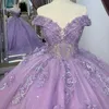 Lavande brillante col en V Quinceanera robes dentelle mexicaine 3DFlower robes de bal gonflées épaule appliquée dentelle luxe robes De Festa