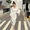 Robes décontractées 2023 Spring Summer Robe blanche pour femmes coréennes Slim Midif Col carré Bureau Lady Black Wrap Long Lantern Sleeve