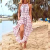 Casual klänningar högkvalitativ blommig tryck sommar 2023 Kvinnor Elegant Vintage Boho Long Maxi Dress Sexig backless Party Beach