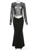 Casual Dresses Zabrina Party Night Sexy Mesh Maxi Dress Female Black SeaThrough Patchwork Glitter Robe Långärmning Kväll