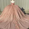 Różowy brokat kryształowa cekinowa suknia balowa quinceanera sukienki z aplikacji na ramię koronkowe koraliki gorset vestidos de 15 anos