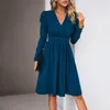 Casual Dresses Pleated Solid Long Sleeve High Waist A Line Skirt Loose Comfort Surplice V Neck Dress For Women Autumn Simple Party Gowns