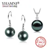 YHAMNI Moda Reale Argento Sterling 925 Naturale Nero Perla Collana con ciondolo Orecchini Set Set di gioielli da sposa per le donne TZH001293b