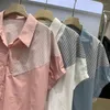 Blusas femininas duofan feminino listrado retalhos design sentido camisas senhora 2023 verão lapela manga curta solta blusas topos
