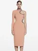 Casual Dresses 2023 Design Bandage Dress For Women Single Long Sleeve O Neck Cut Out Diamonds Knee Length Elastic Evening Party Gowns