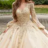 Luxo champanhe quinceanera vestidos de baile apliques rendas contas tull manga longa doce 16 vestido baile festa wear