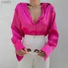 Women's Blouses Shirts Satin Women's Shirt Collar Office Lady blouse Vintage Blue Green Silk Shirt Loose Button Up Down Shirts Black Fashion TopsL231214