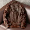 Мужская кожаная куртка из искусственной кожи в стиле винтаж, коричневое пальто из воловьей кожи, мужская тонкая модная байкерская куртка, азиатский размер S-6XL 231213