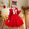 Girl s Dresses Children s Princess Dress Pompadour Mesh 3 12 Year Old Children Autumn Winter Long Sleeve Bow Solid Color 231214