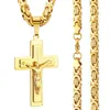 Religious Men Crucifix 14k Yellow Gold Cross Pendant Necklace Heavy Byzantine Chain Necklaces Jesus Christ Holy Jewelry Gifts