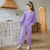 Conjuntos de ropa Ropa de moda para niñas, traje informal con cuello de muñeca, sudadera, pantalones, 2 uds., ropa deportiva para adolescentes, conjunto superior 8 10 12 14 años