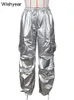 Spodnie damskie jesienne metaliczne srebrne kieszeń plisowane workowate workowate spodnie urodzinowe dla kobiet seksowne nocne klub pantelones mujer