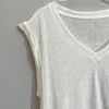 Damen-T-Shirts, V-Ausschnitt, Sommer, weiß, unregelmäßige Falten, dünn, ärmelloses T-Shirt, Tank-Top für Damen