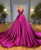 Arabic Aso Ebi Purple Prom Dress Beaded Sleeves Crystals V Neck Evening Gowns Feather Birthday Engagement Custom Made YD