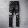 Guys Black Jeans Denim Skinny Fotits for Man Slim Biker Moto Hip Hop Straight Leg Vintage Distrest Streting膝