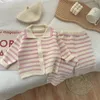 Clothing Sets Korean Spring and Autumn Baby Girls 2PCS Clothing Set Cotton Knitted Stripe Polo Coat Wide Leg Pants Set Preschool Girls Set 231214