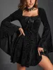 Casual Jurken Goth Donkere Elegante Jacquard Mall Gothic Esthetische Vrouwen Flare Mouw Avond Alt Outfits Grunge Vierkante Hals Herfstjurk