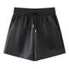 Dames shorts elastische taille riem zwart pu lederen vintage brede pijpen korte broek vrouwelijke a-lijn losse casual mini-broek