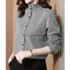 Damesblouses Overhemden Vintage Elegante Chique Ruche Opstaande Kraag Geruite Print Losse Overhemden Koreaanse Mode Tops Met Lange Mouwen Blouses Voor Dames Kleding2023 YQ231214