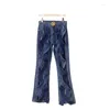 Calças femininas mulheres streetwear oco para fora denim de pernas largas chique harajuku vintage jeans primavera outono calças azul flor botão