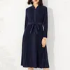 Casual Dresses Fall Winter Women's Dress Stand-up Collar Row Buckle Waist Tie Fashion Pressed Pleated Skirt Simple Loose